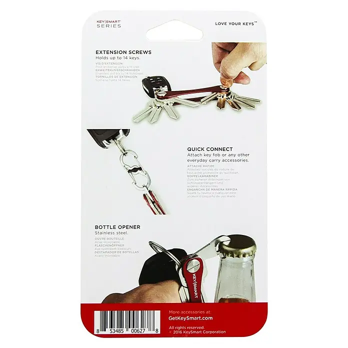 Nite Ize Karabinerhaken Set Keysmart Accessoire-Kit - Edelstahl - Rückseite der KeySmart-Verpackung, die die Verlängerungsschrauben, den Schnellverbinder und den Flaschenöffner des KeySmarts zeigt.
