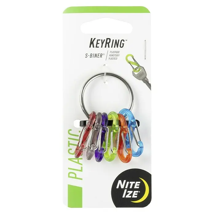 Nite Ize Karabinerhaken S-Biner KeyRing - L x B: 57 x 14 mm, Edelstahl - Ein Nite Ize Keyring S-Biner mit farbigen Kunststoff-Karabinern am Schlüsselring. Praktisches Schlüsselmanagement für unterwegs.