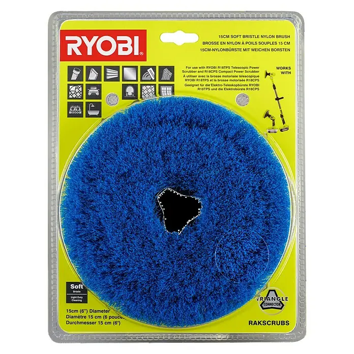 Ryobi Cepillo de disco de alambre de nylon RAKSCRUBS - Diámetro: 15 cm, Cerdas blandas - Imagen de un cepillo de nailon de cerdas suaves Ryobi de 15 cm, compatible con el cepillo telescópico Ryobi R18TPS y el cepillo compacto R18CPS.