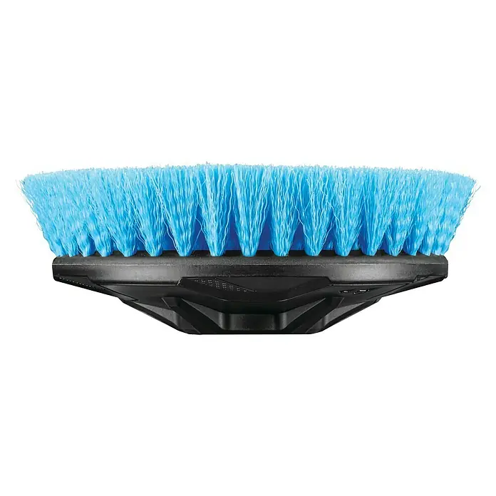 Ryobi Cepillo de disco de alambre de nylon RAKSCRUBS - Diámetro: 15 cm, Cerdas blandas - Primer plano de un cepillo azul con mango negro, probablemente utilizado para limpiar o fregar superficies. Ideal para diversas tareas.