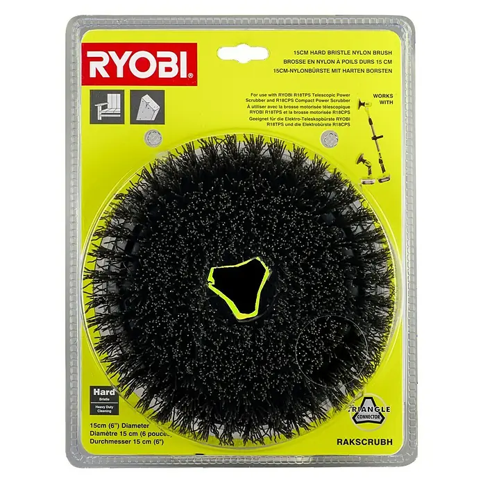 Ryobi Cepillo de disco de alambre de nylon RAKSCRUBH - Diámetro: 15 cm, Cerdas rígidas - Cepillo RYOBI: Cepillo de nylon de cerdas duras de 15 cm para fregadoras telescópicas RYOBI R18TPS y compactas R18CPS, ideal para limpieza resistente.