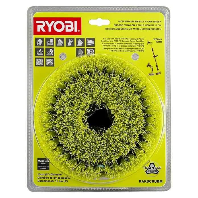 Ryobi Cepillo de disco de alambre de nylon RAKSCRUBM - Diámetro: 15 cm, Cerdas medianas - Cabezal de cepillo Ryobi: cepillo de nailon de cerdas medianas de 15 cm para fregadoras telescópicas y compactas, ideal para limpieza general.