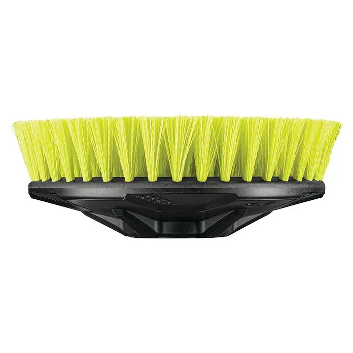 Ryobi Cepillo de disco de alambre de nylon RAKSCRUBM - Diámetro: 15 cm, Cerdas medianas - Primer plano de una escoba amarilla con carcasa negra, diseñada para un barrido eficiente y la eliminación de residuos.