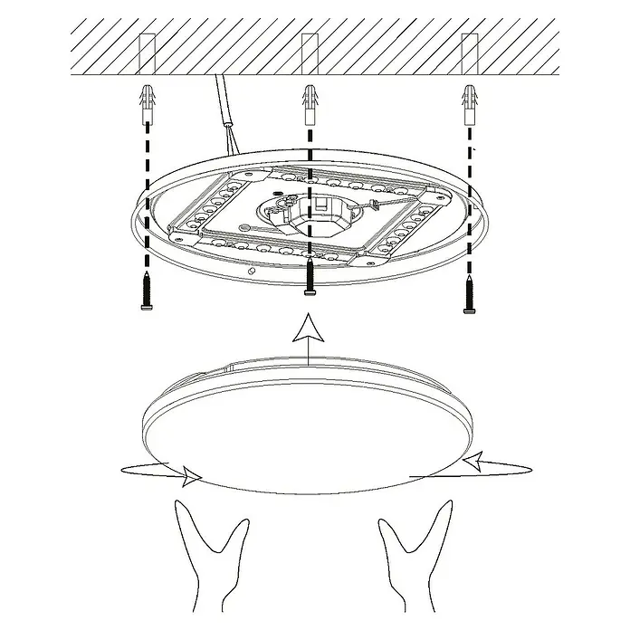 Eglo LED-Deckenleuchte rund POGLIOLA - 15 W, Ø x H: 31 x 5,5 cm, Weiß, Warmweiß - Montageanleitung für eine LED-Deckenleuchte. Die Leuchte wird an der Decke befestigt und durch Drehen arretiert.