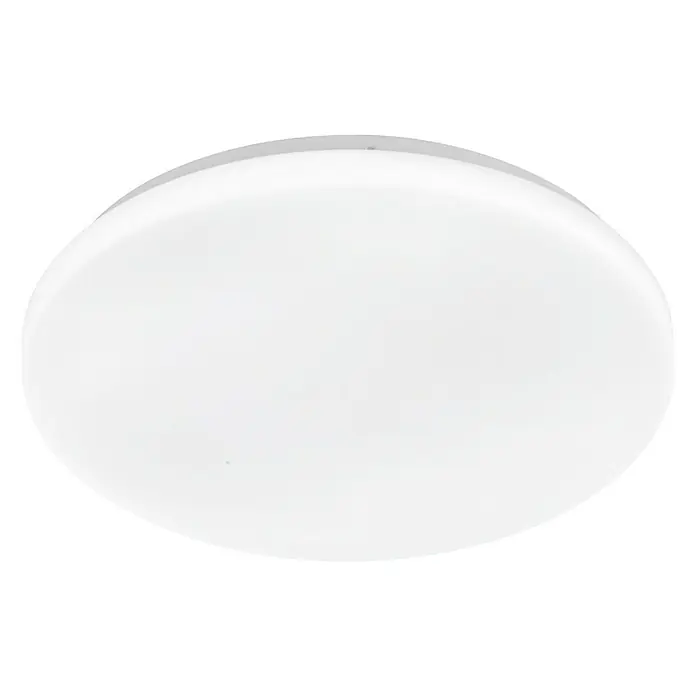 Eglo LED-Deckenleuchte rund POGLIOLA - 15 W, Ø x H: 31 x 5,5 cm, Weiß, Warmweiß - Eine Nahaufnahme einer runden, weißen Deckenleuchte, die ein diffuses, weiches Licht ausstrahlt und sich gut in moderne Innenräume einfügt.
