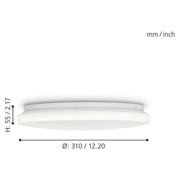 Eglo LED-Deckenleuchte rund POGLIOLA - 15 W, Ø x H: 31 x 5,5 cm, Weiß, Warmweiß - Das Bild zeigt eine Deckenleuchte mit den Maßen Höhe 55 mm/2,17 Zoll und Durchmesser 310 mm/12,20 Zoll.