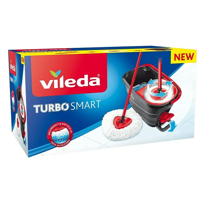 Vileda Set de limpieza Turbo smart - Otros, Rojo/Gris - Imagen del embalaje del kit de fregona giratoria Vileda Turbo Smart, que muestra un cubo y una fregona para una limpieza eficiente del piso.