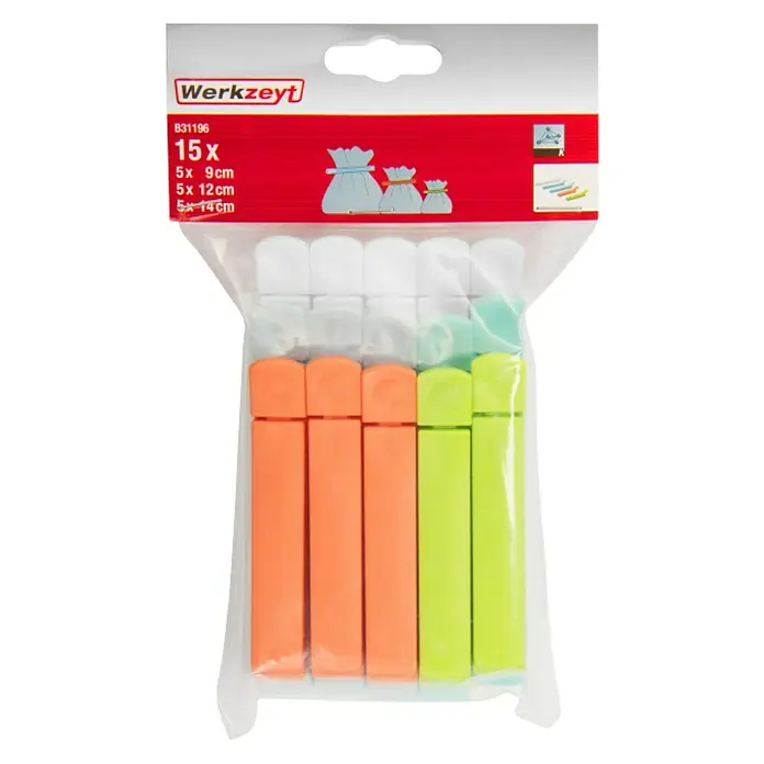 Set de pinzas - 15 pzs. - Imagen de un paquete de Werkzeyt con 15 pinzas para bolsas en diferentes tamaños y colores. Ideal para sellar bolsas.