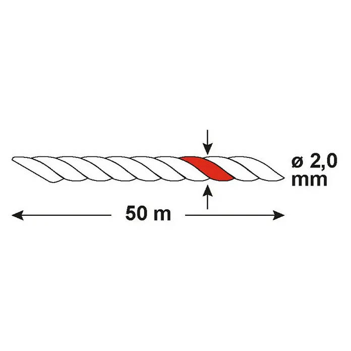 Cuerda B34177 - 2 mm x 50 m, Plástico, Blanco, Carga soportada: 9 kg - Ilustración de una cuerda trenzada de 50 metros de largo con un diámetro de 2,0 mm, con una parte de la cuerda resaltada en rojo.
