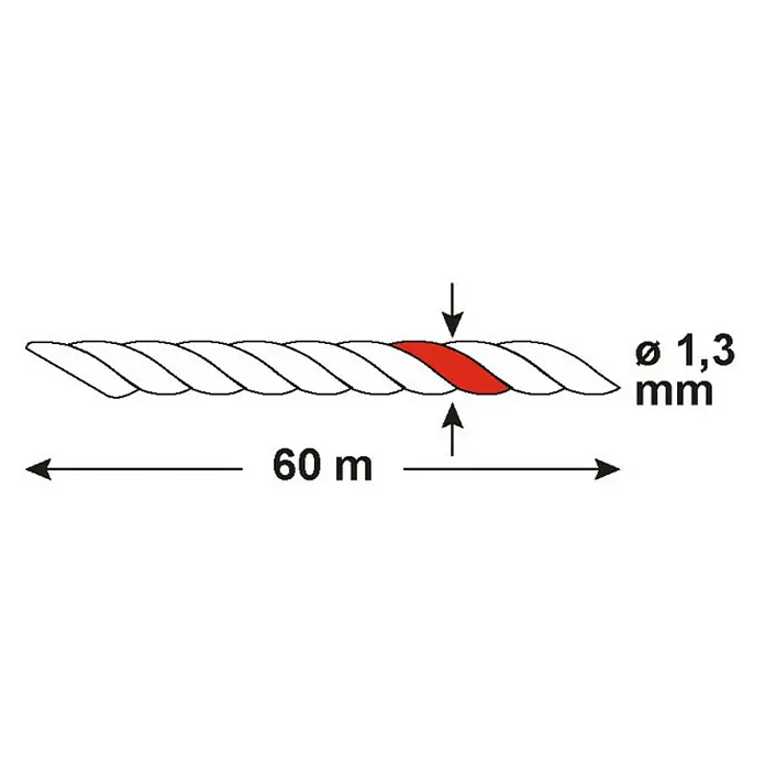 Ovillo de cordel DY2701611 - Ø x L: 1,3 mm x 60 m, Plástico, Natural - Cuerda con un diámetro de 1,3 mm y una longitud de 60 m. Un segmento rojo destaca en el centro.