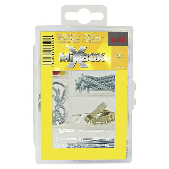 Suki Juego de tornillo y taco Yellow - 80 pzs. - Imagen de una Suki MiXBOX, un surtido para el hogar con varios tornillos y fijaciones, ideal para pequeñas reparaciones.