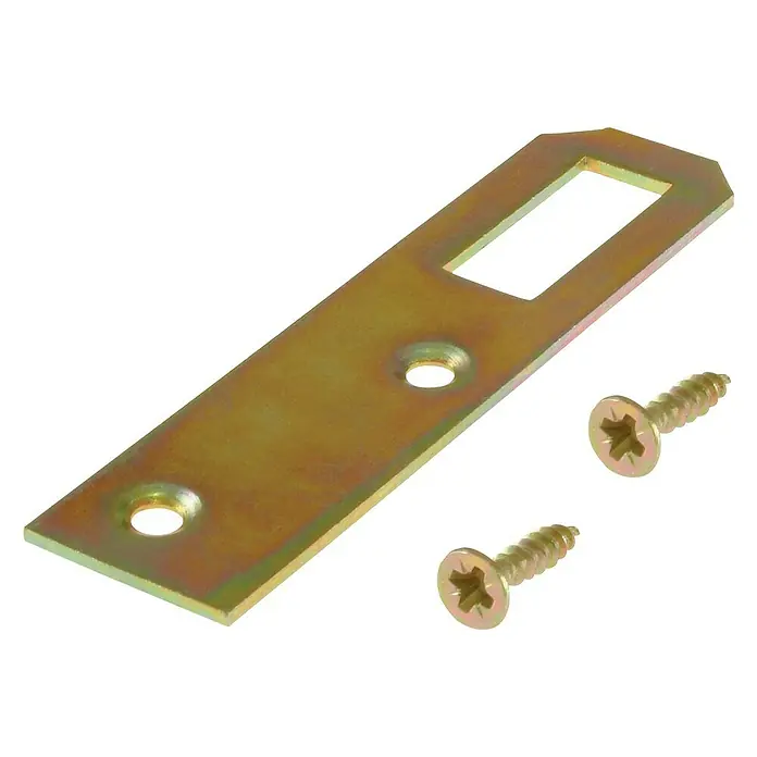 Suki Gancho para colgar cuadros - L x An: 24 x 36 mm - Una placa de cerradero de puerta color oro con dos tornillos. El producto está diseñado para montarse en un marco de puerta y proporciona un punto de sujeción seguro.