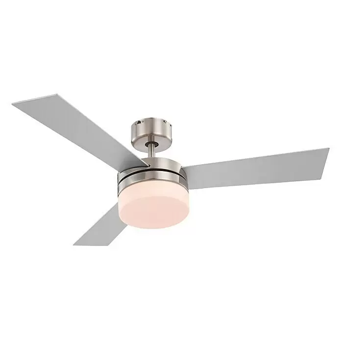 Globo Ventilador de techo Alana - Opal, Níquel mate, Plateado, Haya, Plateado/Haya, 105 cm, 50 W - Ventilador de techo de níquel cepillado con tres aspas plateadas y una lámpara LED integrada blanca esmerilada.
