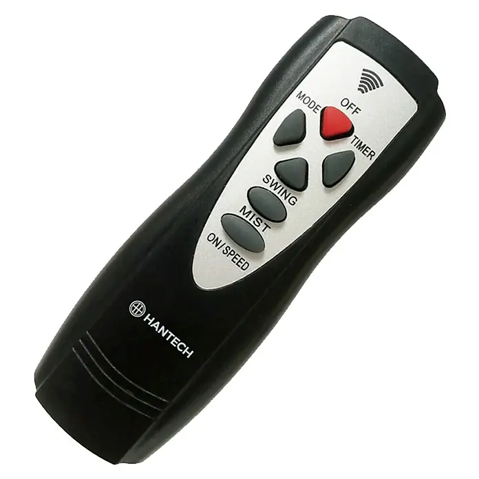 PR Klima Ventilador de pie con nebulizador - Negro, 45 cm, 128 cm - Mando a distancia para un ventilador de la marca Hantech. El dispositivo es negro y tiene varios botones para diferentes funciones.