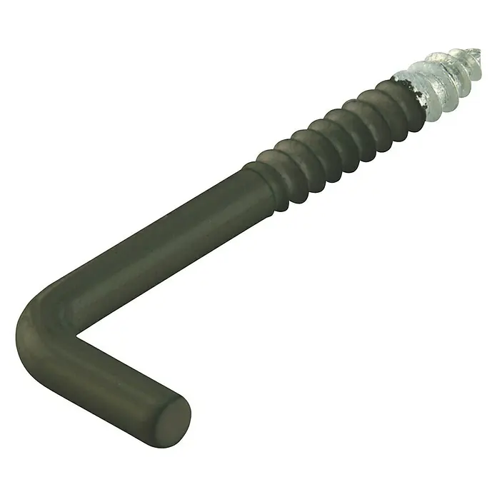 Suki Alcayata lisa plastificada - Ø x L: 3,8 x 60 mm, 4 ud., Negro - Primer plano de un gancho angular con rosca y extremo transparente, ideal para fijaciones y colgantes.