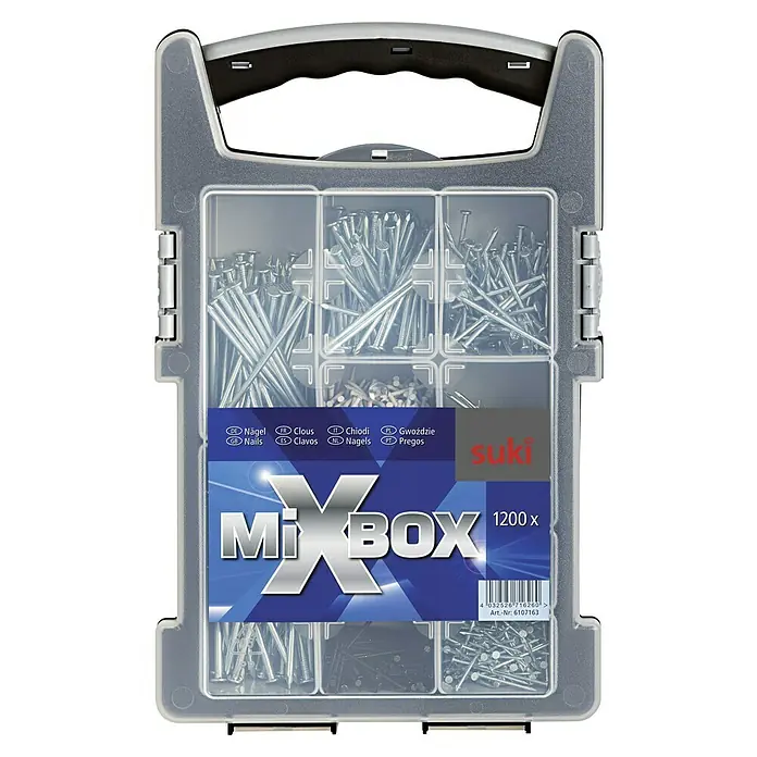 Suki Set de clavos Blue - 1.200 pzs. - Suki MiXBOX con 1200 clavos de diferentes tamaños, clasificados en una caja transparente con asa de transporte.