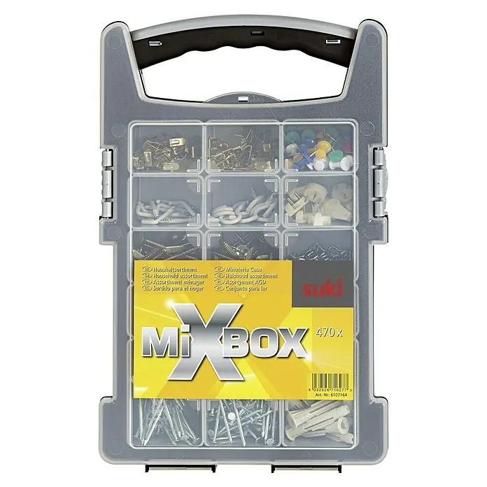 Suki Juego de tornillo y taco Yellow - 470 pzs. - Caja de surtido Suki MixBox, con 470 piezas de fijación para el hogar, ideal para diversas reparaciones y tareas de montaje.