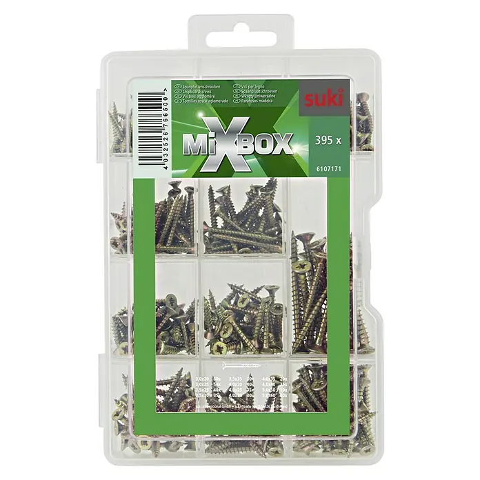 Suki Kit de tornillos Green - 395 pzs. - Surtido de tornillos Suki MiXBOX con varios tamaños, ideal para aficionados al bricolaje y profesionales. Almacenamiento práctico con 395 tornillos.