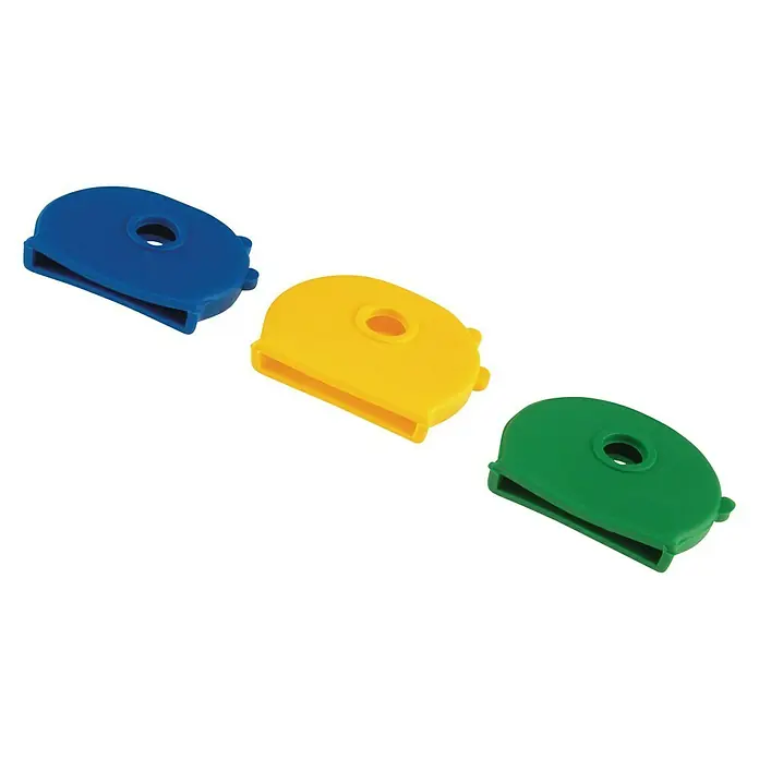 Suki Llavero con etiqueta - Largo: 20 mm - Tres capuchones de goma de colores para llaves en azul, amarillo y verde para una fácil identificación de las llaves.