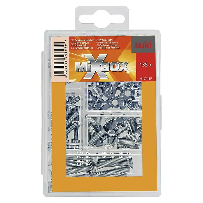 Suki Juego de tornillos y tuercas Orange - 135 pzs. - Suki MiXBOX, una selección surtida de 135 tornillos métricos, perfecto para proyectos de bricolaje y reparación.
