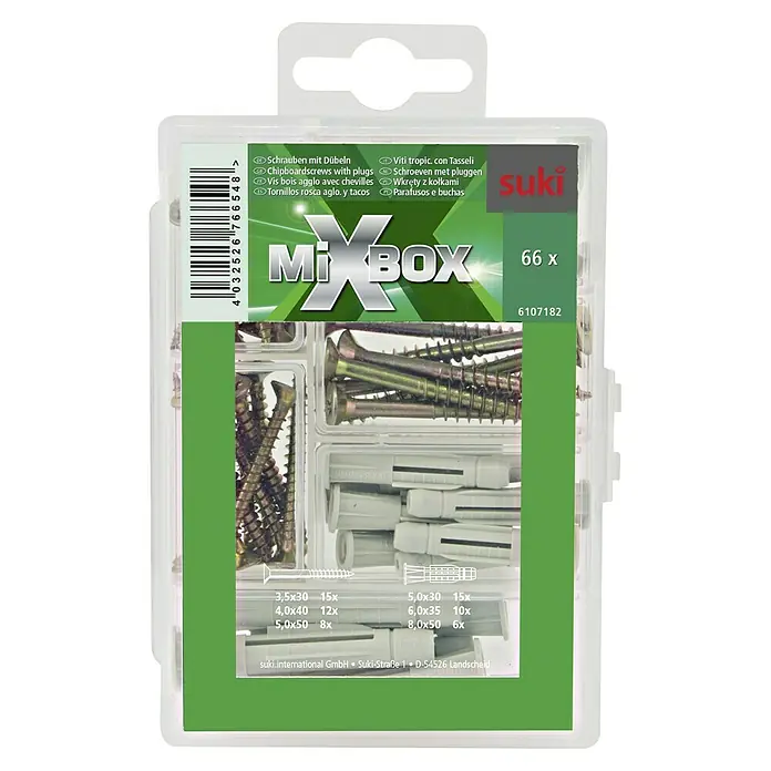 Suki Juego de tornillo y taco Green - 66 pzs. - MixBox de tornillos y tacos de Suki con varios tamaños para uso versátil en hogar y taller.