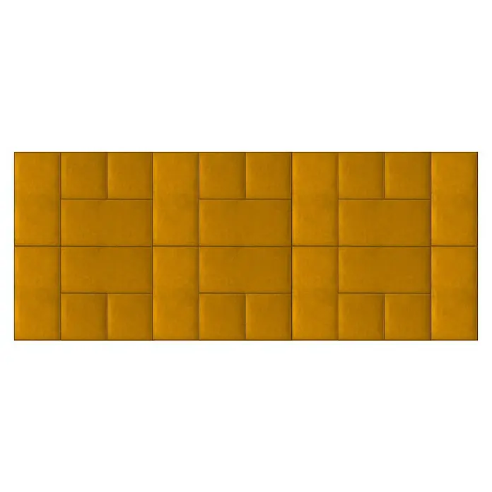 Fllow Wandpolster-Set Velvet A2 - 300 x 120 cm, Ocker - Gepolsterte Wandpaneele in warmem Goldton. Die Paneele sind in einem modernen, geometrischen Muster angeordnet.