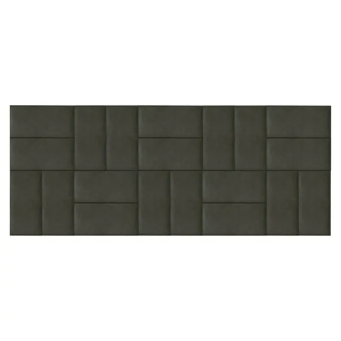 Fllow Wandpolster-Set Velvet A3 - 300 x 120 cm, Anthrazit - Dunkelgraue Wandpaneele mit einem geometrischen Muster aus Rechtecken und Quadraten, die eine moderne und elegante Oberfläche schaffen.