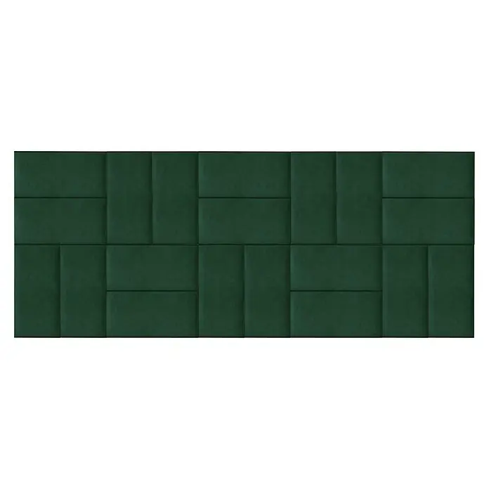 Fllow Wandpolster-Set Velvet A3 - 300 x 120 cm, Grün - Nahaufnahme einer Wand mit grünen Akustikpaneelen in verschiedenen rechteckigen Formen.