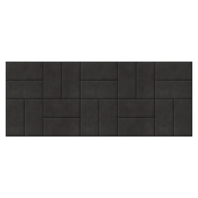 Fllow Wandpolster-Set Velvet A3 - 300 x 120 cm, Schiefer - Dunkelgraue Wandpaneele mit einem strukturierten Muster aus horizontalen und vertikalen Rechtecken für eine moderne Wandgestaltung.