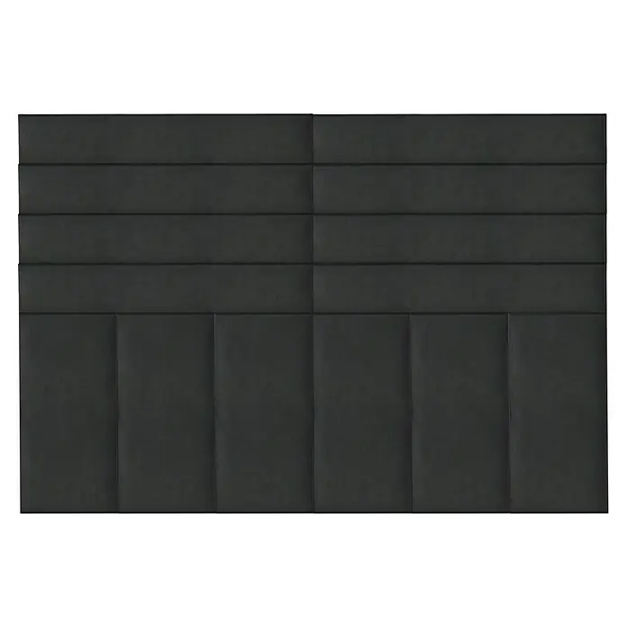 Fllow Wandpolster-Set Velvet B2 - 180 x 120 cm, Anthrazit - Wandpaneele in dunklem Grau. Die Paneele sind in horizontalen und vertikalen Mustern angeordnet und verleihen der Wand Struktur.