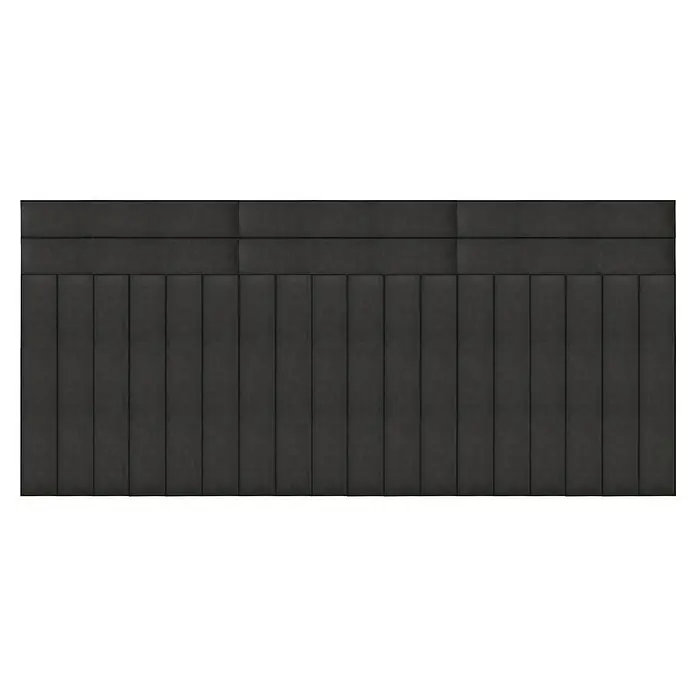 Fllow Wandpolster-Set Velvet B3 - 270 x 120 cm, Anthrazit - Schwarzes gepolstertes Wandpaneel mit vertikalen Steppnähten und horizontalen Feldern oben, das eine elegante Textur für Innenräume bietet.