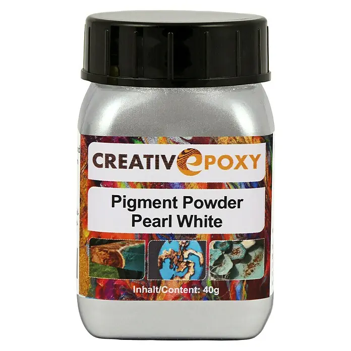CreativEpoxy Pigment Powder - Metallic PerlWhite - Ein silberner Behälter Creativ Epoxy Pigment Powder Pearl White, ideal für Resin-Kunstprojekte, mit 40g Inhalt.