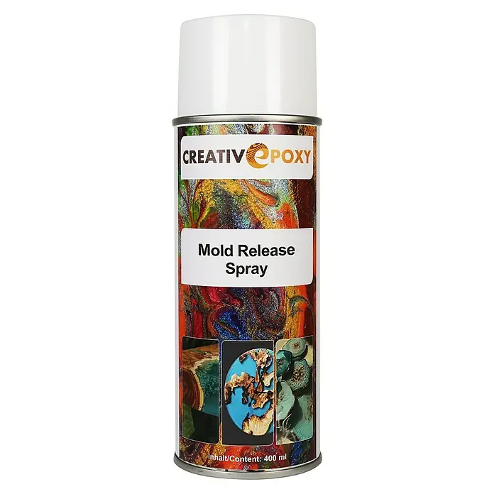 CreativEpoxy Formtrennmittel Mold Release Spray - Transparent, 400 g - Ein Bild einer Sprühdose mit der Aufschrift "CREATIV EPOXY Mold Release Spray" vor einem farbenfrohen, abstrakten Hintergrund.