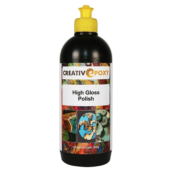 CreativEpoxy Polierpaste High Gloss - 500 g - Nahaufnahme einer Flasche Creativ Epoxy High Gloss Polish, ideal für hochglänzende Oberflächen. Inhalt 500g.