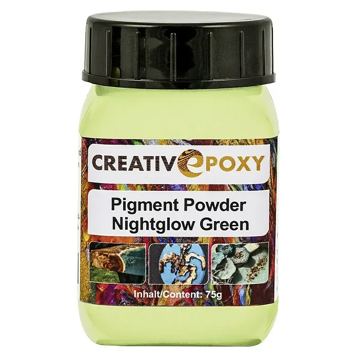 CreativEpoxy Pigment Powder - Nightglow Green - Glasgefäß mit Kreativ Epoxid Pigmentpulver Nachtleuchtend Grün, Inhalt 75g. Perfekt für einzigartige Kunstwerke mit Glow-Effekt.