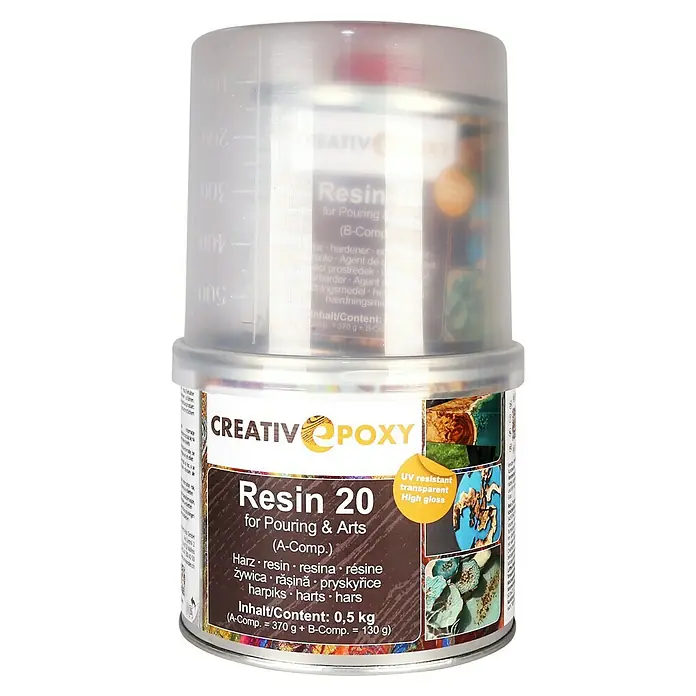 CreativEpoxy Gießharz Resin 20 A+B - 500 g, Passend für: Bis zu 20 mm Schichtstärke - Dose Creative Epoxy Resin 20 für Gießanwendungen und Kunstprojekte, mit UV-Beständigkeit und Hochglanz.