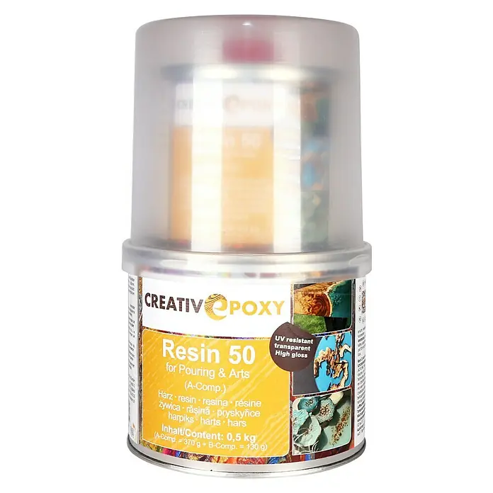 CreativEpoxy Gießharz Resin 50 A+B - 500 g, Passend für: Bis zu 50 mm Schichtstärke - Kreativ Epoxidharz 50 für Gießanwendungen und Kunst, UV-beständig, transparent und hochglänzend.
