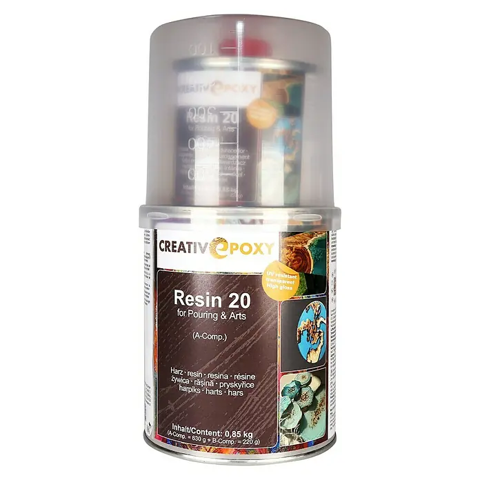 CreativEpoxy Gießharz Resin 20 A+B - 850 g, Passend für: Bis zu 20 mm Schichtstärke - Kreativ Epoxy Resin 20 für Gießanwendungen und Kunstprojekte, ein UV-beständiges, transparentes Harz mit Hochglanz-Finish.