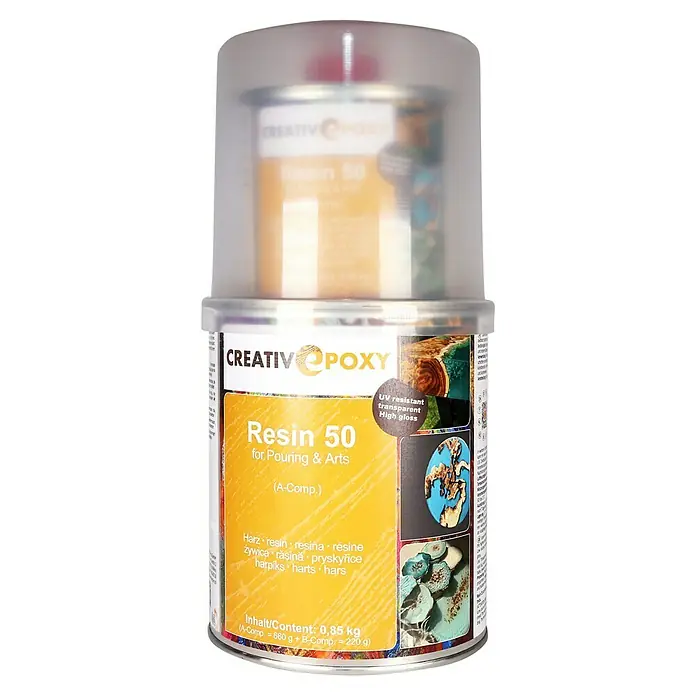 CreativEpoxy Gießharz Resin 50 A+B - 850 g, Passend für: Bis zu 50 mm Schichtstärke - Dose Kreativ Epoxy Resin 50 für Gießanwendungen und Kunstprojekte, UV-beständig, transparent und hochglänzend. Inhalt: 0,85 kg (A- und B-Komponente).