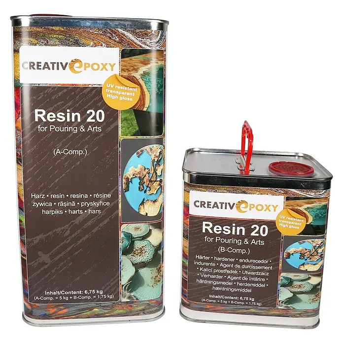 CreativEpoxy Gießharz Resin 20 A+B - 6,75 kg, Passend für: Bis zu 20 mm Schichtstärke - Zwei Dosen CreativEpoxy Resin 20 für Gießanwendungen und Kunst, Teil A und B, mit UV-beständiger, transparenter Hochglanzformel.