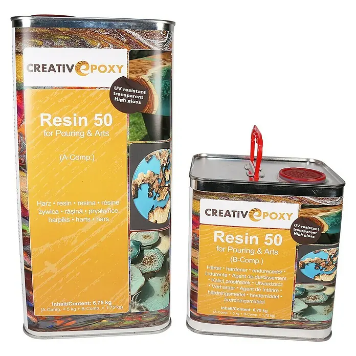 CreativEpoxy Gießharz Resin 50 A+B - 6,75 kg, Passend für: Bis zu 50 mm Schichtstärke - Produktansicht von Creative Epoxy Resin 50, einem transparenten Harz für Kunst und Gießanwendungen, erhältlich in zwei Komponenten.