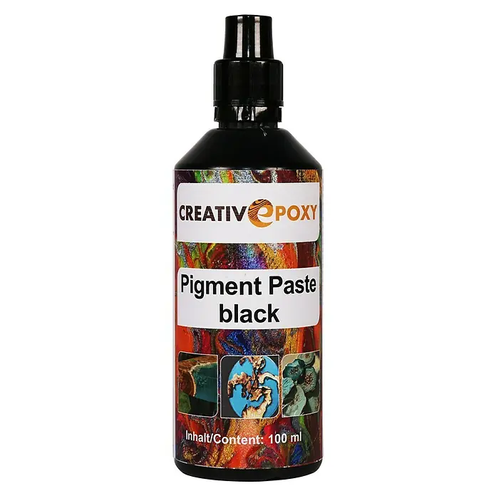 CreativEpoxy Pigmentpaste - Black, 100 g - Produktbild einer Flasche Creativ Epoxy Pigmentpaste in Schwarz mit buntem Etikett und schwarzem Verschluss.