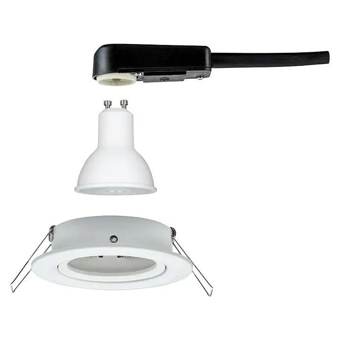 Paulmann LED-Einbauleuchte Cole - 6,5 W, Schwarz/Gold, Warmweiß, 1 Stk. - Detailaufnahme einer modularen LED-Einbauleuchte, bestehend aus Fassung, Lampe und Rahmen, auf schwarzem Hintergrund.