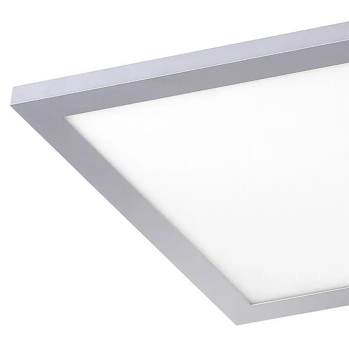 Paul Neuhaus LED-Panel Flat - 11 W, L x B x H: 29,5 x 29,5 x 10 cm, Chrom, Warmweiß - Nahaufnahme einer quadratischen LED-Deckenleuchte mit silbernem Rahmen und heller, diffuser Beleuchtung für moderne Innenräume.