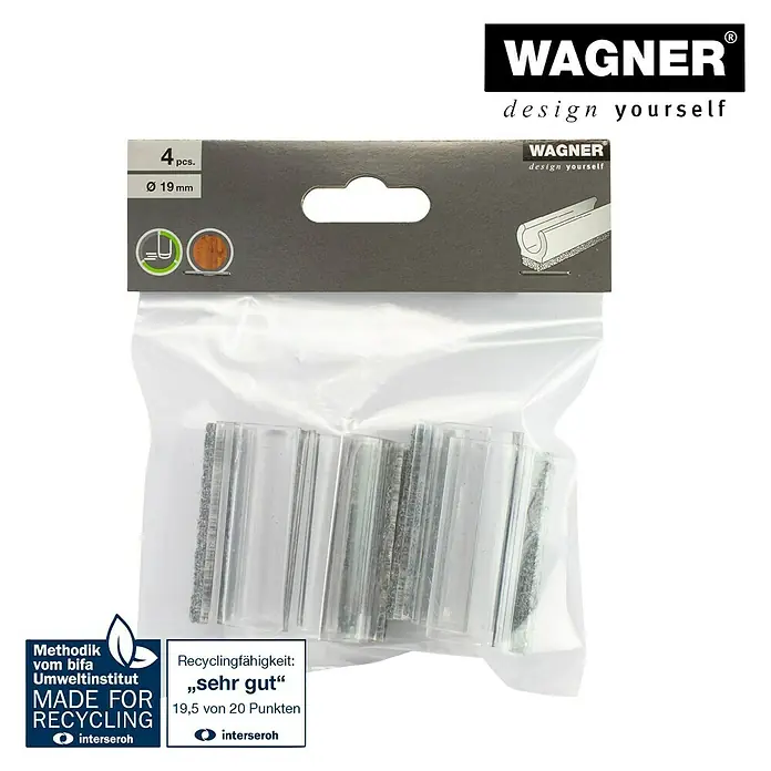 Wagner System Klemmschalengleiter - Durchmesser: 19 mm - Eine Packung Wagner-Möbelgleiter, 4 Stück, Ø 19 mm, für den Einsatz an Möbeln, um den Boden vor Kratzern zu schützen.