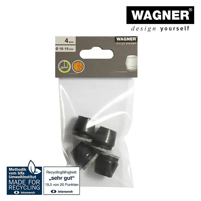 Wagner System Endkappen - Passend für: Rohrdurchmesser 16 - 19 mm, 4 Stk. - Bild einer Packung mit vier Stuhlbeinkappen von Wagner, die für Stuhlbeine mit einem Durchmesser von 16–19 mm geeignet sind.