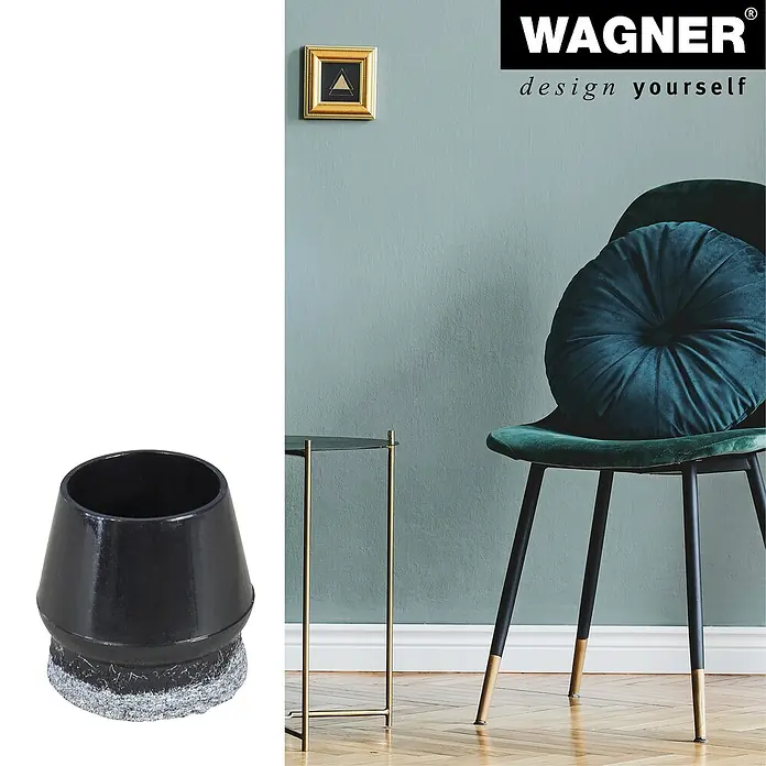 Wagner System Endkappen - Passend für: Rohrdurchmesser 16 - 19 mm, 4 Stk. - Produktbild eines schwarzen Stuhlbeinschoners mit Filzgleiter von Wagner, ideal zum Schutz von Böden.