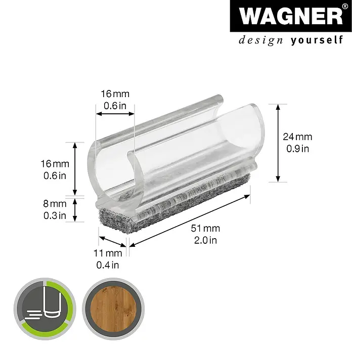 Wagner System Klemmschalengleiter - Durchmesser: 16 mm - Produktbild eines transparenten Wagner Möbelgleiters mit Filzgleitfläche und Größenangaben.