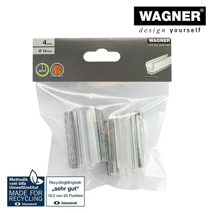 Wagner System Klemmschalengleiter - Durchmesser: 16 mm - Abbildung einer Packung Wagner-Möbelgleiter, 4 Stück mit einem Durchmesser von 16 mm, geeignet für Recycling.