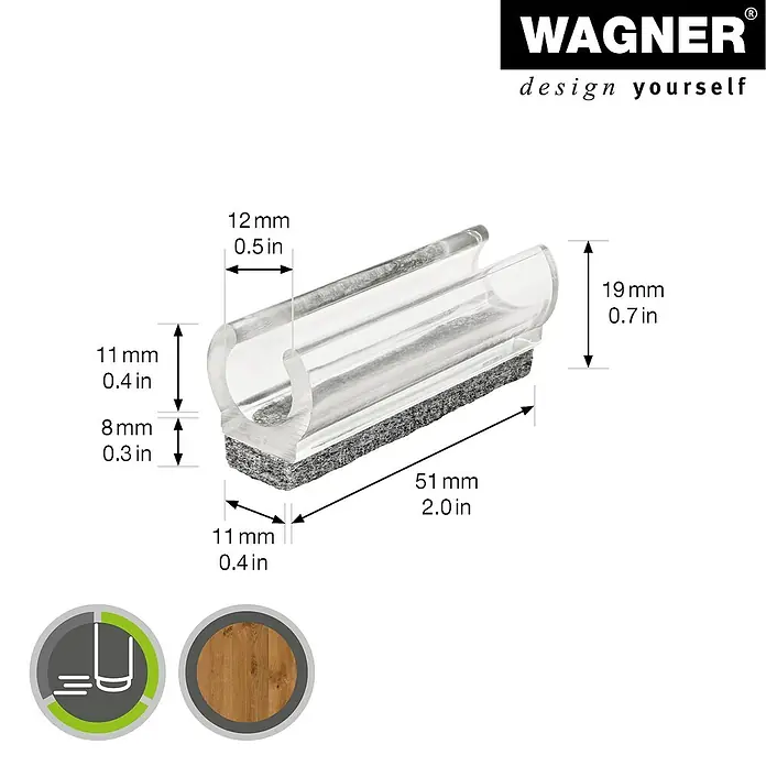 Wagner System Klemmschalengleiter - Durchmesser: 12 mm - Nahaufnahme eines transparenten Wagner Möbelgleiters mit Filzgleitfläche und Größenangaben.